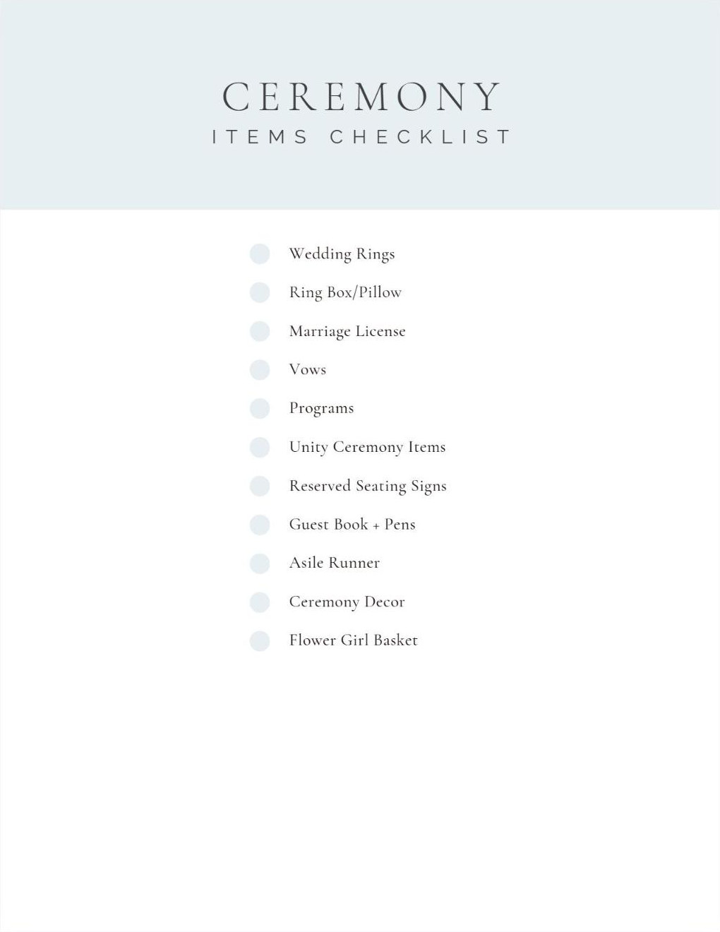 Ceremony items checklist page